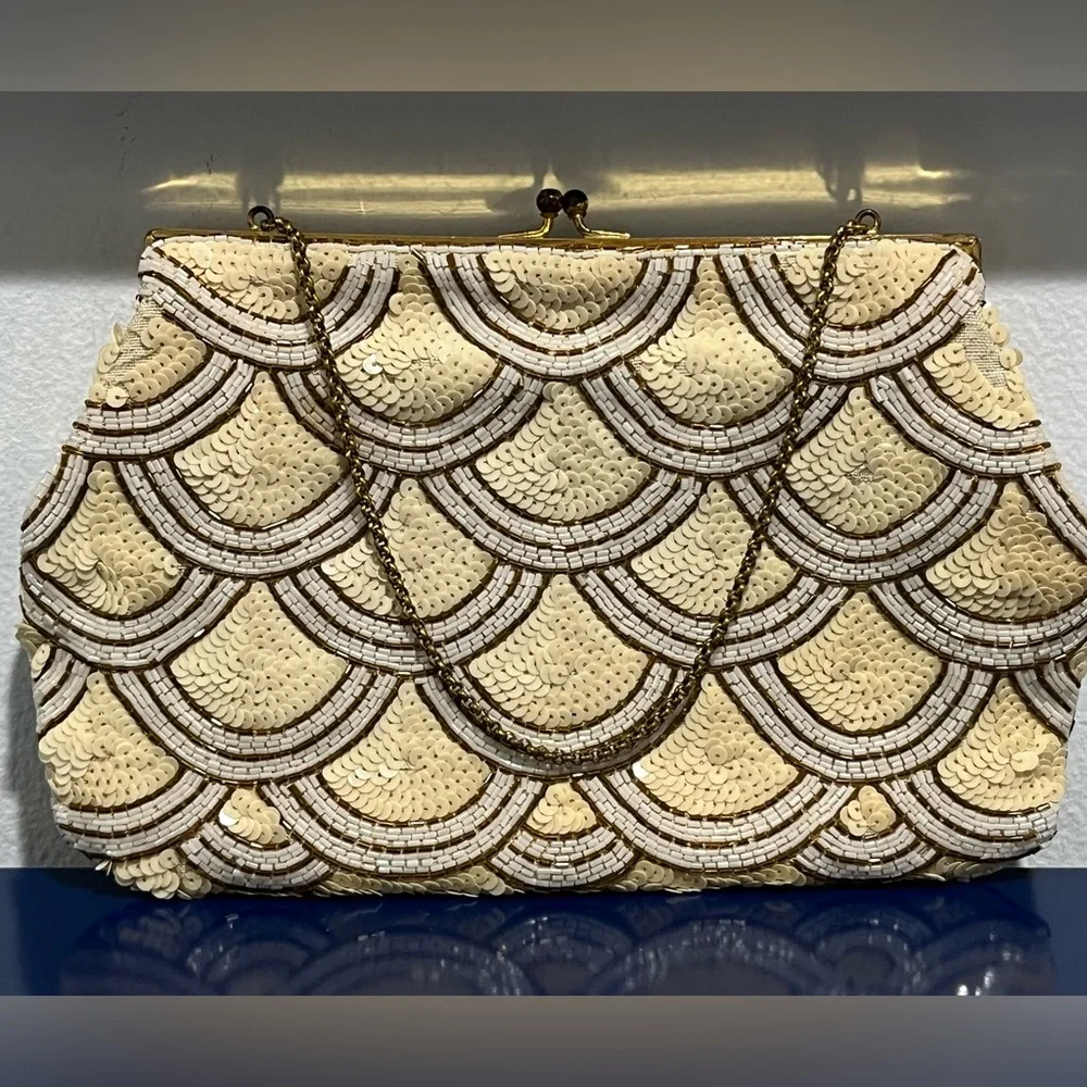 Bags By Josef Cream Jewel Bead Purse Evening Bag Clutch Vintage 50s 60s France